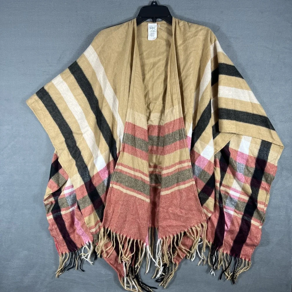Woolrich Women's Tan Striped Plaid Fringe Open Front Poncho Wrap Shawl One Size